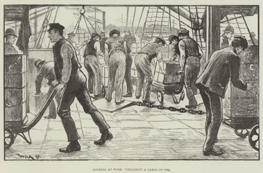 Hafenarbeiter bei der Arbeit, Entladen einer Teeladung